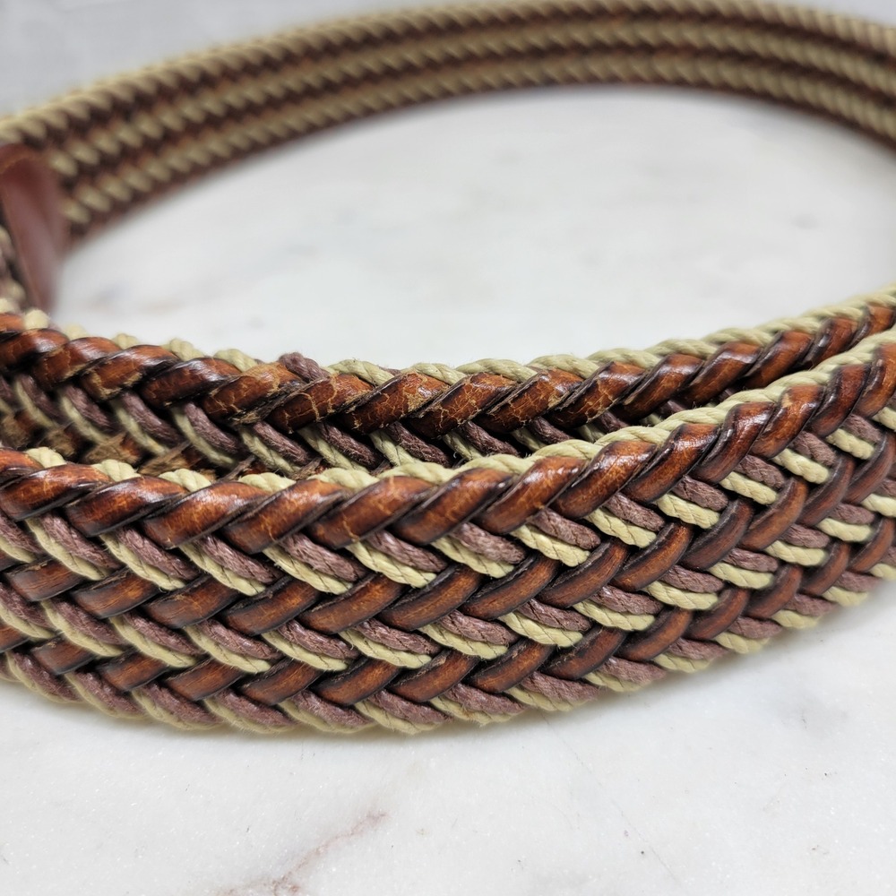 Arden Preppy Braided Leather Belt Size 36 Brown Tan Stretch Woven Brass Buckle - Picture 7 of 13